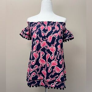 Crown & Ivy Pink and Navy Flamingo Blouse